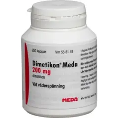 En burk Dimetikon Meda 200 mg kapslar, ett läkemedel som kan lindra symtom vid IBS och väderspänning.