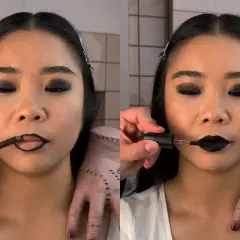 En sminkning inspirerad av Wednesday Addams. Mörka ögon och svarta läppar skapas med läppenna och läppstift.