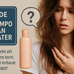 En kvinna med torrt, frissigt hår ser bekymrad ut. Bredvid henne finns en flaska och texten "Guide schampo utan sulfater".