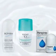 Flera antiperspirantprodukter visas, som hjälper till att bekämpa svett och lukt.
