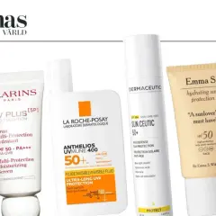 Flera solskyddsprodukter med solskyddsfaktor 50, inklusive La Roche-Posay, Clarins och Emma S.