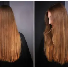 Långt, askblondt hår med orange toner som faller över axlarna.