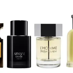 Fyra klassiska herrparfymer: Tom Ford Tobacco Vanille, Armani Code, Yves Saint Laurent L'Homme och Hugo Boss.