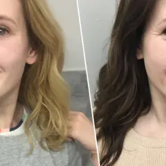 Två närbilder på en kvinna, först med blont hår och sedan med mörkare, brunett hår.