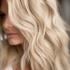 En kvinna med vackert, böljande hår i varma blonda slingor. Håret faller mjukt runt hennes ansikte.