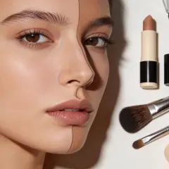 En modell med en linje dragen över ansiktet, bredvid sminkprodukter som en kall bronzer, läppstift och borstar.