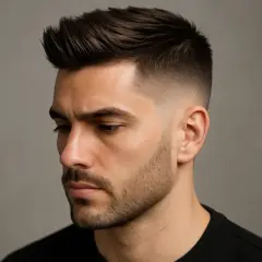 En ung man med en snygg frisyr kille halvlångt, med en snygg fade på sidorna och en texturerad topp.
