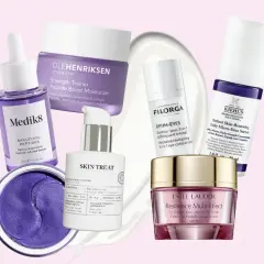 En samling hudvårdsprodukter med fokus på peptider, inklusive serum, ögonkräm och fuktkräm.