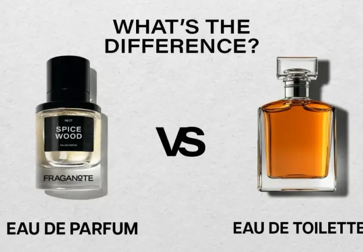 Två parfymflaskor, en märkt "Eau de Parfum" och den andra "Eau de Toilette", ställs mot varandra för att visa skillnaden.