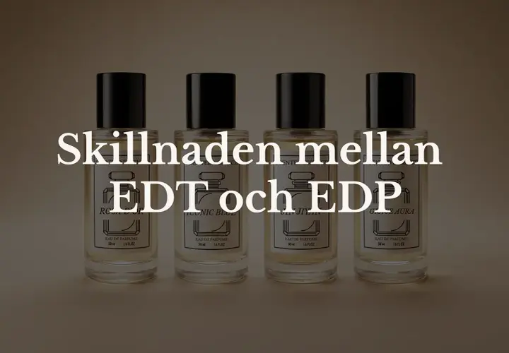 Fyra parfymflaskor med texten "Skillnaden mellan EDT och EDP".