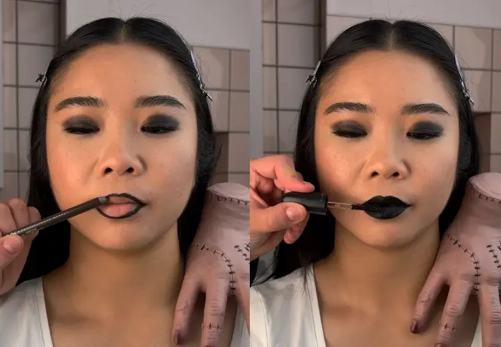 En sminkning inspirerad av Wednesday Addams. Mörka ögon och svarta läppar skapas med läppenna och läppstift.