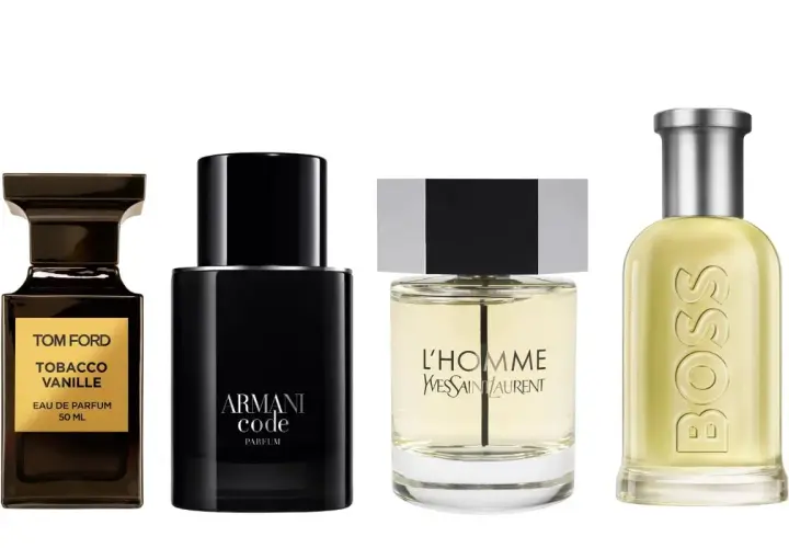 Fyra klassiska herrparfymer: Tom Ford Tobacco Vanille, Armani Code, Yves Saint Laurent L'Homme och Hugo Boss.