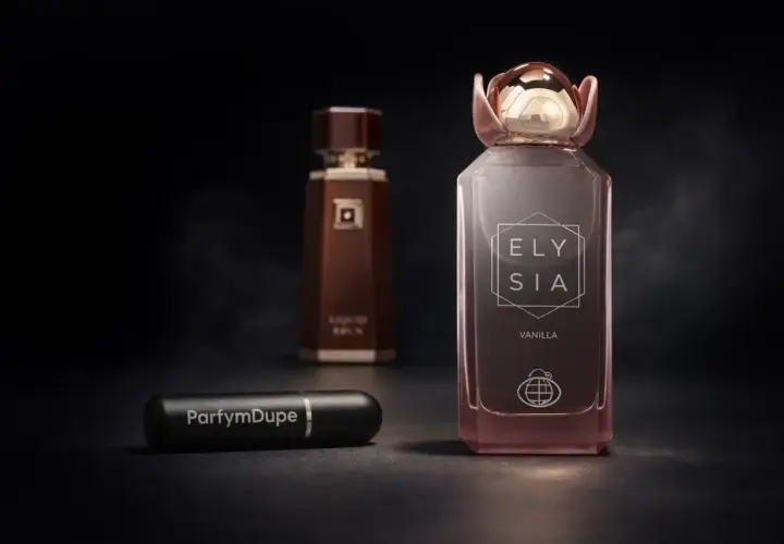Ett lyxigt parfymval med flaskor i fokus. En rosa flaska med texten "ELY SIA VANILLA" och en mörkbrun flaska i bakgrunden. En liten svart reseflaska med texten "ParfymDupe" ligger framför.