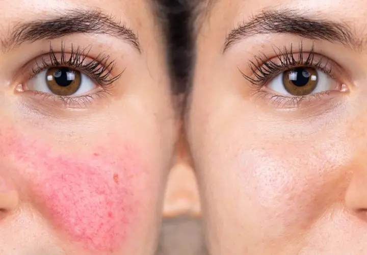 Före- och efterbild som visar effekten av hudvård för rosacea. Vänster sida visar rodnad och synliga blodkärl, höger sida visar en lugnare hud.