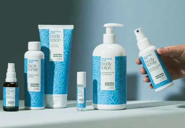 Hudvårdsprodukter med bha syra: serum, ansiktsvatten, body lotion, SOS-stick och body spray.