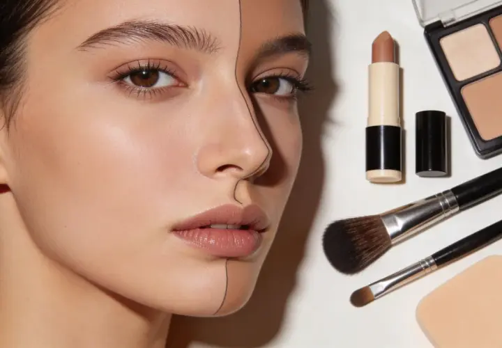 En modell med en linje dragen över ansiktet, bredvid sminkprodukter som en kall bronzer, läppstift och borstar.