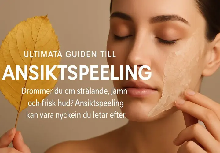 En kvinna med slutna ögon drar försiktigt av ett lager av en ansiktspeeling. En gul höstlöv ligger bredvid texten "ULTIMATA GUIDEN TILL ANSIKTSPEELING".