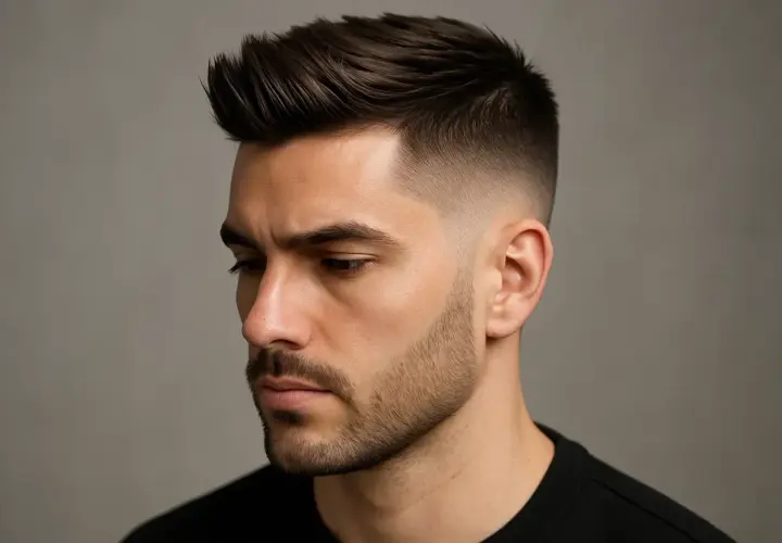 En ung man med en snygg frisyr kille halvlångt, med en snygg fade på sidorna och en texturerad topp.