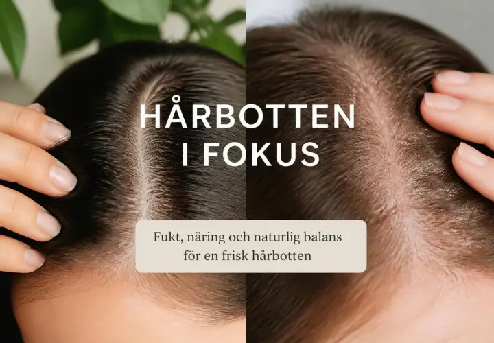 Två närbilder av hårbotten, en mörk och en ljus. Texten "Hårbotten i fokus" och "Fukt, näring och naturlig balans för en frisk hårbotten" antyder att bilden visar en sårig hårbotten som behöver vård.