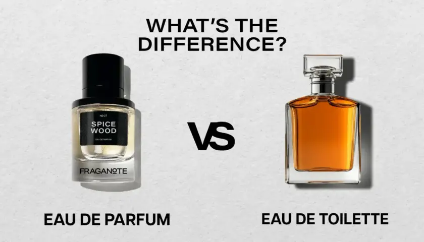 Två parfymflaskor, en märkt "Eau de Parfum" och den andra "Eau de Toilette", ställs mot varandra för att visa skillnaden.