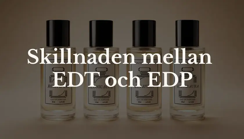Fyra parfymflaskor med texten "Skillnaden mellan EDT och EDP".
