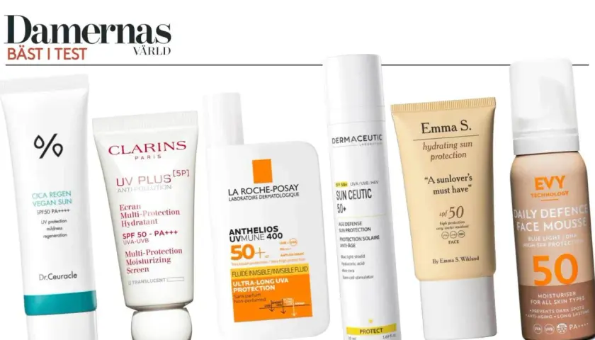 Flera solskyddsprodukter med solskyddsfaktor 50, inklusive La Roche-Posay, Clarins och Emma S.