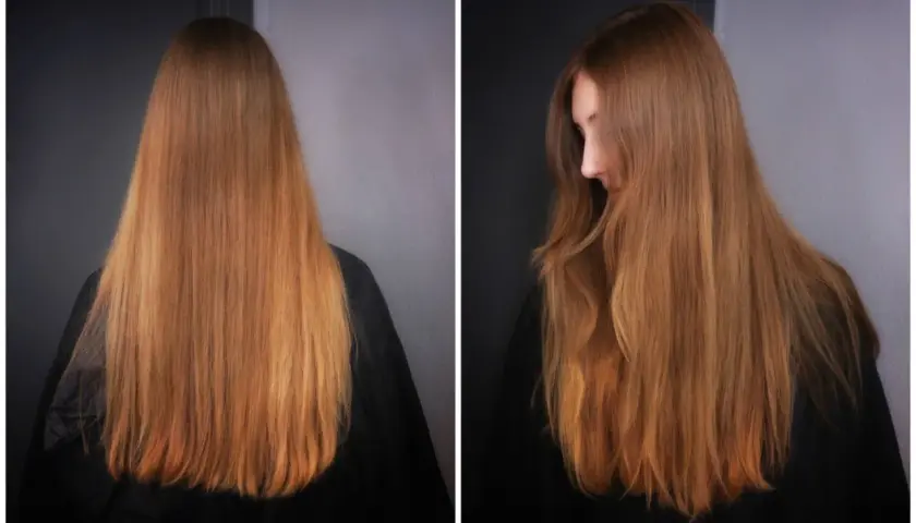 Långt, askblondt hår med orange toner som faller över axlarna.