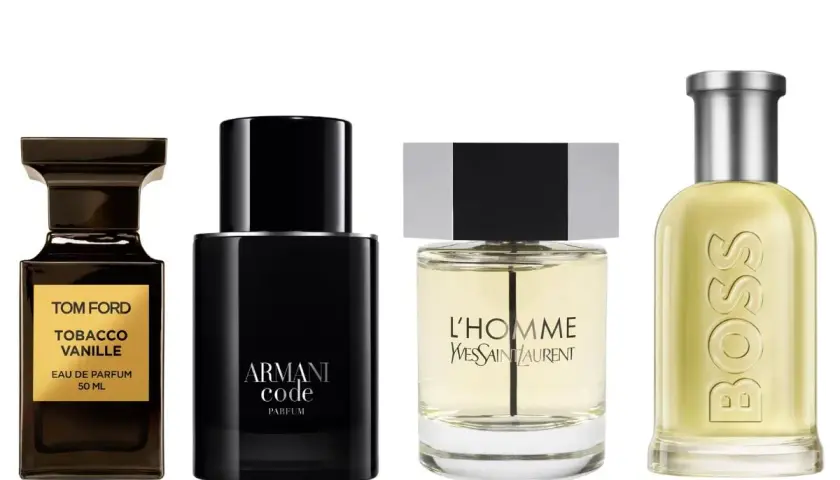 Fyra klassiska herrparfymer: Tom Ford Tobacco Vanille, Armani Code, Yves Saint Laurent L'Homme och Hugo Boss.