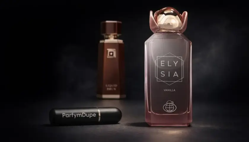 Ett lyxigt parfymval med flaskor i fokus. En rosa flaska med texten "ELY SIA VANILLA" och en mörkbrun flaska i bakgrunden. En liten svart reseflaska med texten "ParfymDupe" ligger framför.