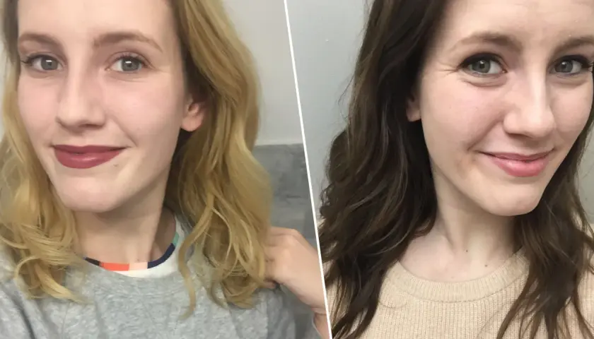 Två närbilder på en kvinna, först med blont hår och sedan med mörkare, brunett hår.