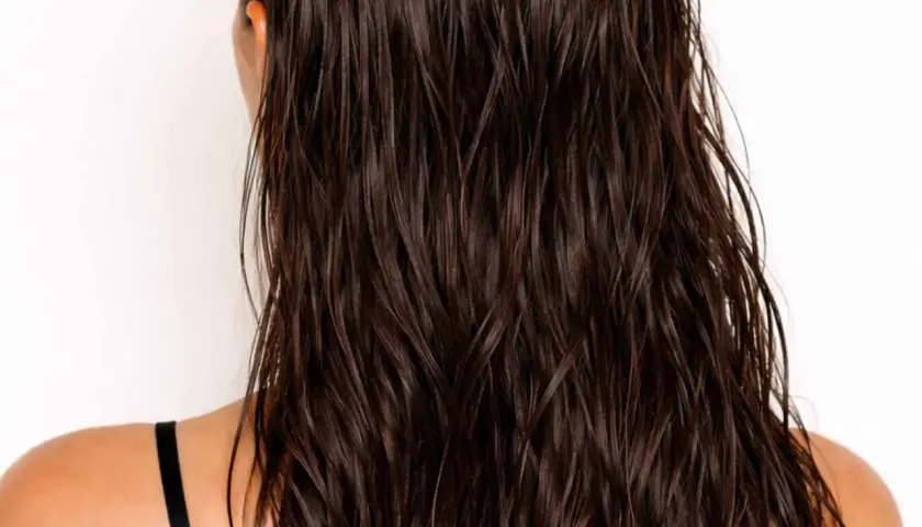 Mörkt, glansigt hår med en snygg wetlook-effekt. Håret faller i mjuka vågor över axlarna.
