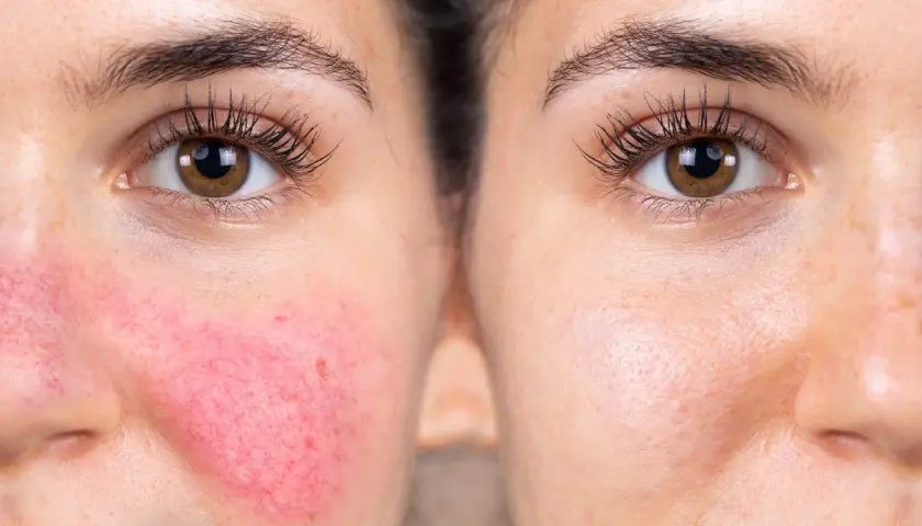 Före- och efterbild som visar effekten av hudvård för rosacea. Vänster sida visar rodnad och synliga blodkärl, höger sida visar en lugnare hud.