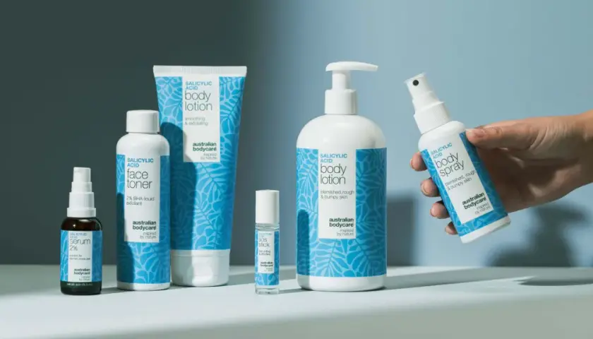 Hudvårdsprodukter med bha syra: serum, ansiktsvatten, body lotion, SOS-stick och body spray.