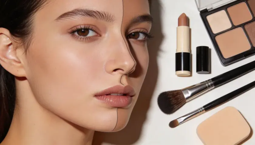 En modell med en linje dragen över ansiktet, bredvid sminkprodukter som en kall bronzer, läppstift och borstar.