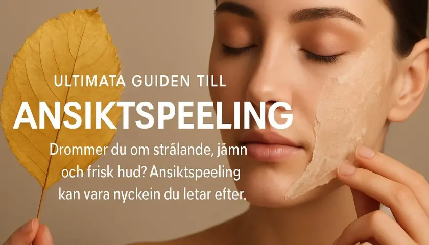 En kvinna med slutna ögon drar försiktigt av ett lager av en ansiktspeeling. En gul höstlöv ligger bredvid texten "ULTIMATA GUIDEN TILL ANSIKTSPEELING".