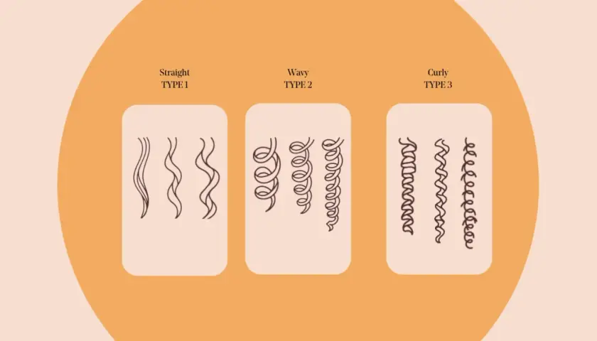 Illustration av rakt, vågigt och lockigt hår, typ 1, 2 och 3. Perfekt för att förstå curly girl metoden.