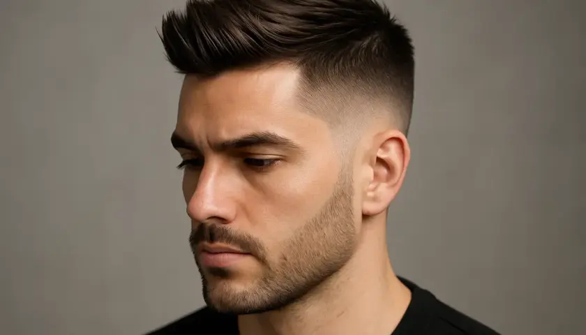 En ung man med en snygg frisyr kille halvlångt, med en snygg fade på sidorna och en texturerad topp.