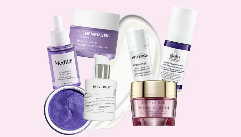 En samling hudvårdsprodukter med fokus på peptider, inklusive serum, ögonkräm och fuktkräm.