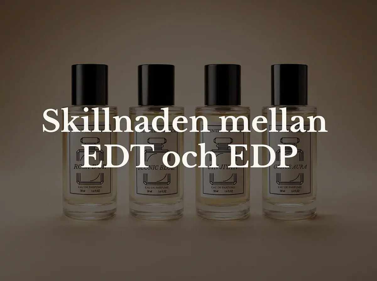 Fyra parfymflaskor med texten "Skillnaden mellan EDT och EDP".