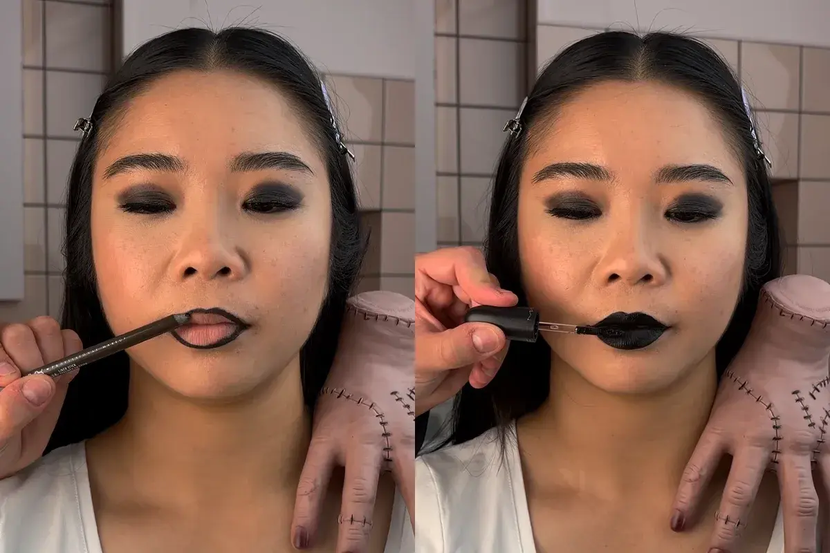 En sminkning inspirerad av Wednesday Addams. Mörka ögon och svarta läppar skapas med läppenna och läppstift.
