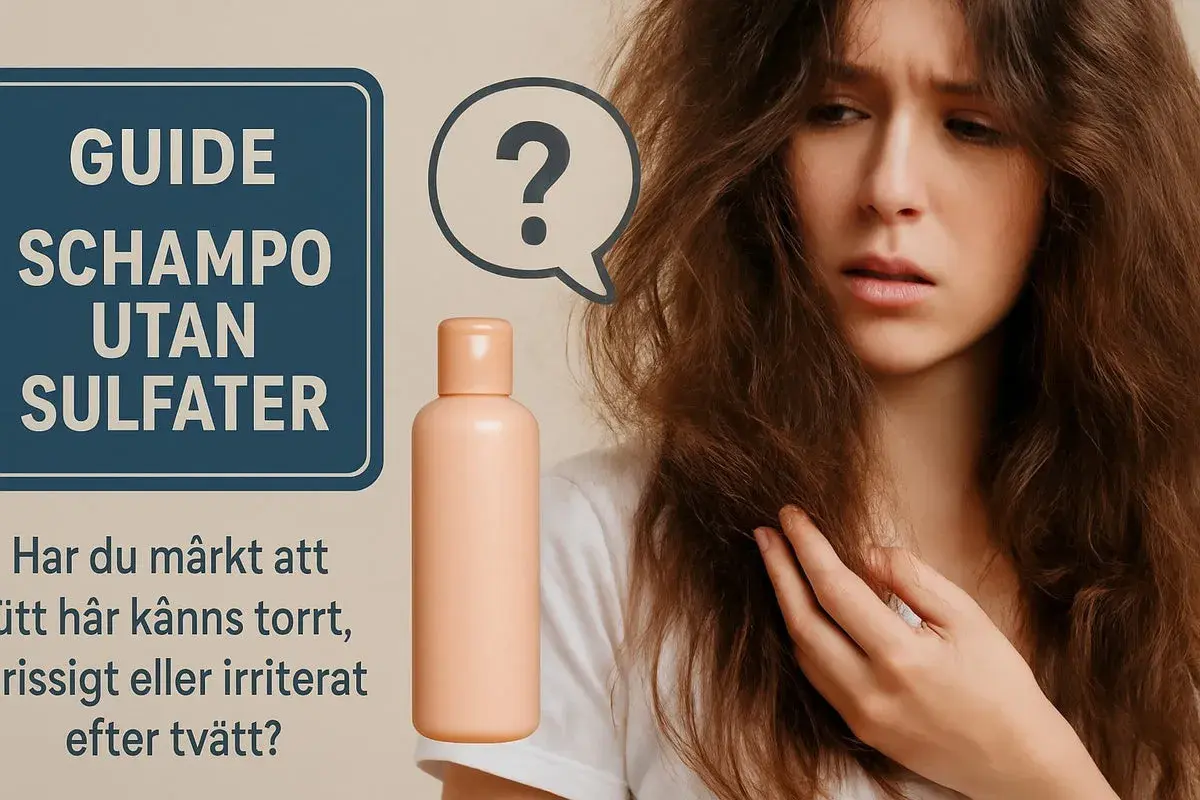 En kvinna med torrt, frissigt hår ser bekymrad ut. Bredvid henne finns en flaska och texten "Guide schampo utan sulfater".