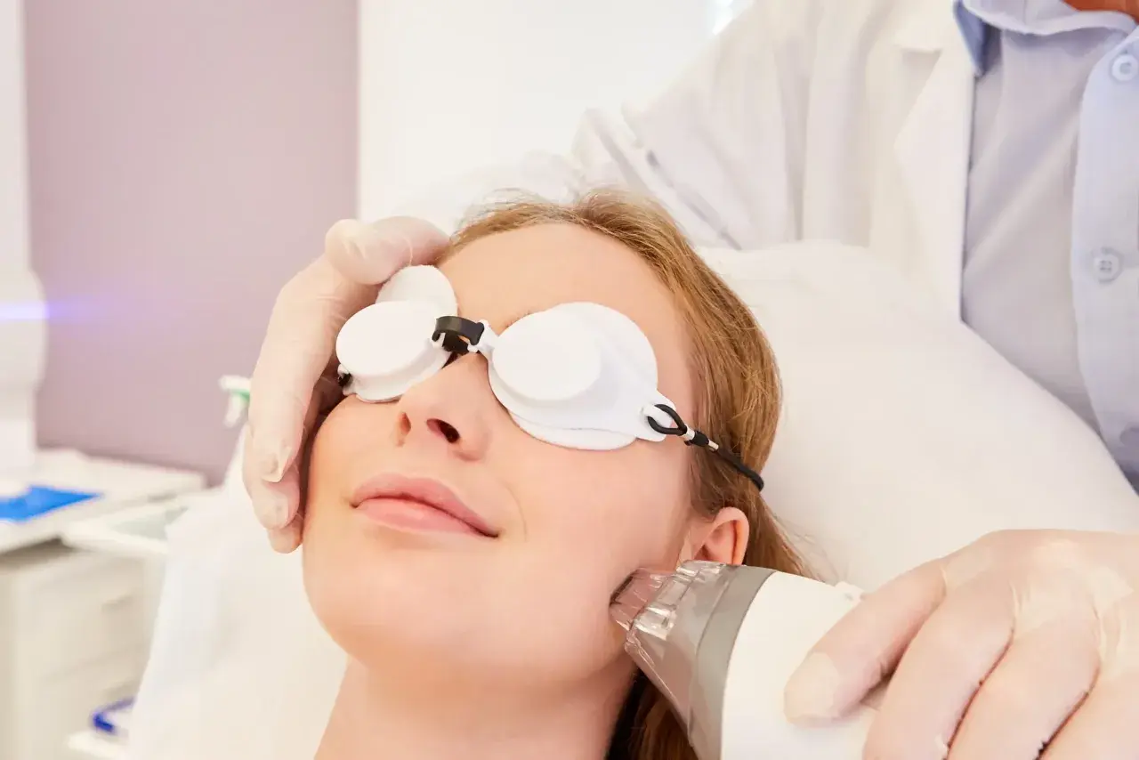 Kvinna med skyddsglasögon får laserbehandling för att ta bort hår i ansiktet permanent.