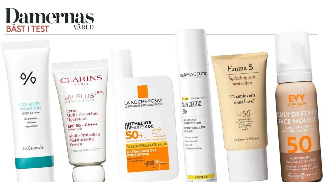 Flera solskyddsprodukter med solskyddsfaktor 50, inklusive La Roche-Posay, Clarins och Emma S.