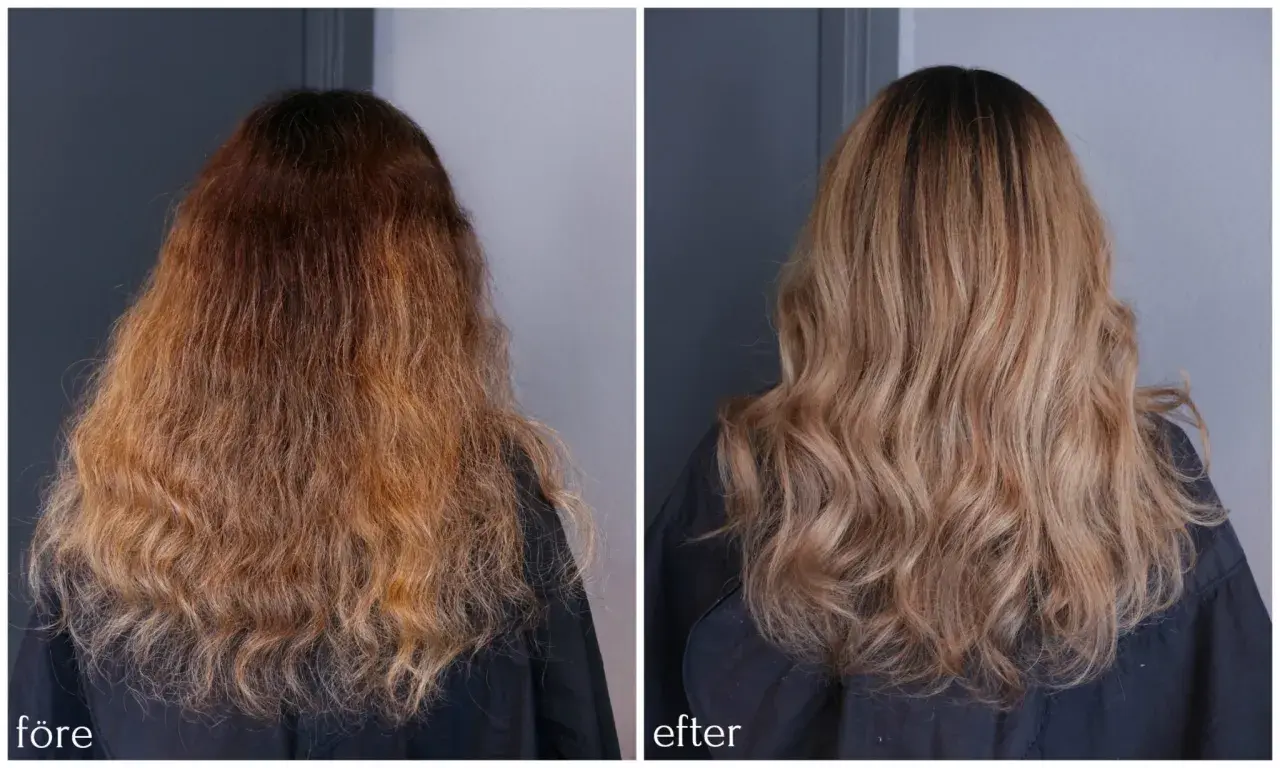 Före och efterbilder på hår som fått vackra lockar efter dusch. Håret är nu glansigare och mer definierat.