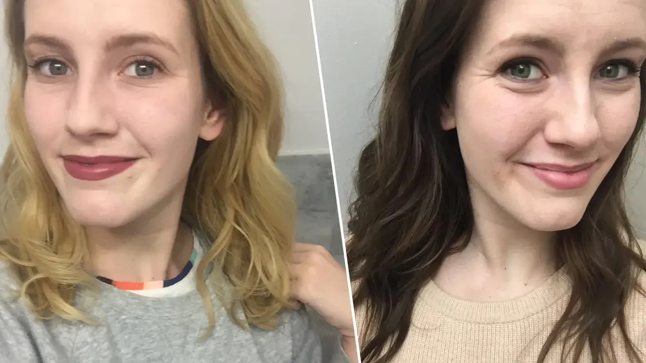 Två närbilder på en kvinna, först med blont hår och sedan med mörkare, brunett hår.