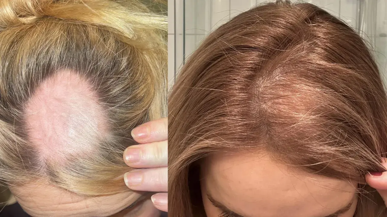 Före- och efterbilder visar tydligt hur håravfall, möjligen kopplat till stress, har minskat. Håret ser tätare ut på efterbilden.