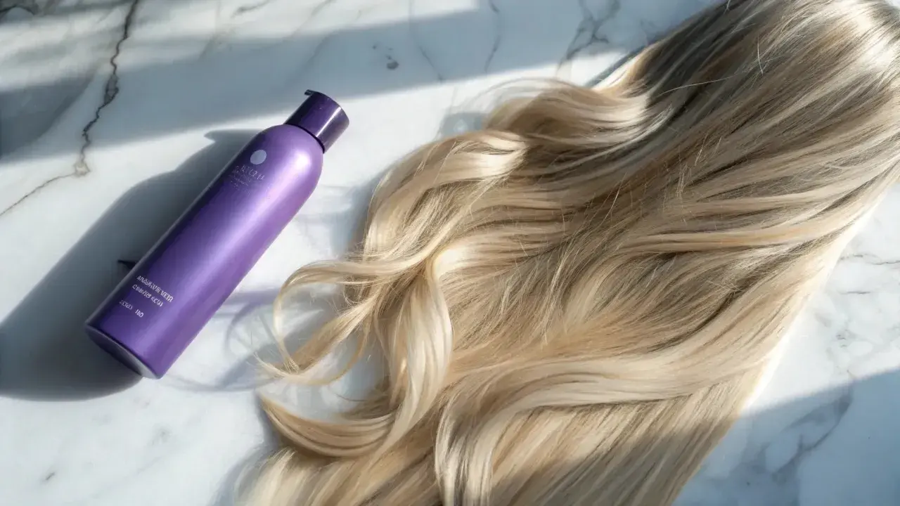 Lila flaska bredvid blont hår. Perfekt för att få bort gula toner i håret och ge det en kallare nyans.