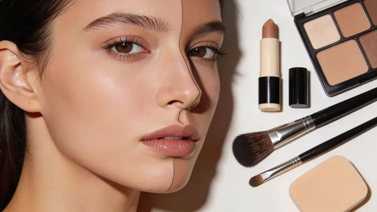 En modell med en linje dragen över ansiktet, bredvid sminkprodukter som en kall bronzer, läppstift och borstar.
