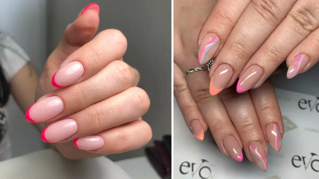 Två olika stilar av fransk manikyr. Den ena med neonrosa kanter, den andra med pastellfärgade linjer och kanter i orange och rosa.
