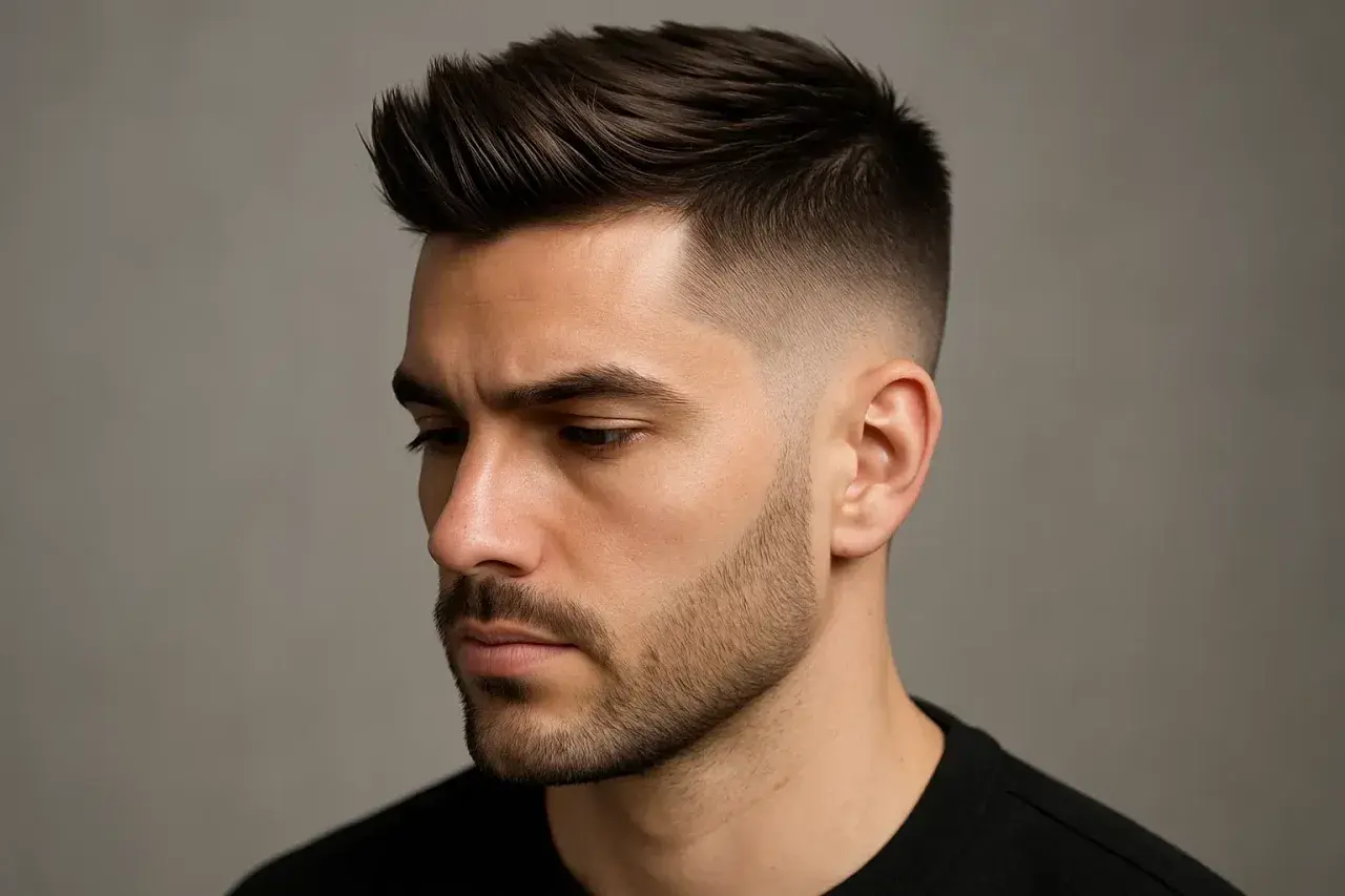 En ung man med en snygg frisyr kille halvlångt, med en snygg fade på sidorna och en texturerad topp.